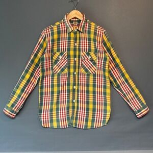 Warehouse Japan Plaid Flannel Overshirt Size 38 S Yellow Green Red Sanforized